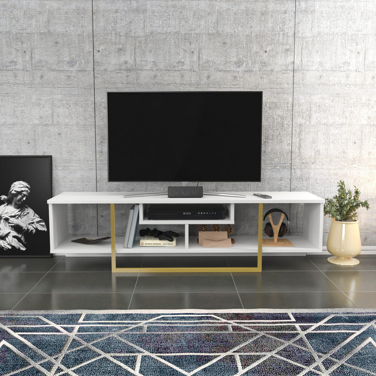 Comodă TV Asal 150, Diverse culori, 150x35x40 cm - Alb - Auriu | SKU: 322RTC2115 | Comodă TV Asal 150, 150x35x40 cm, varianta Alb - Auriu, produs pentru amenajarea locuinței, disponibil online în România la CasaMob