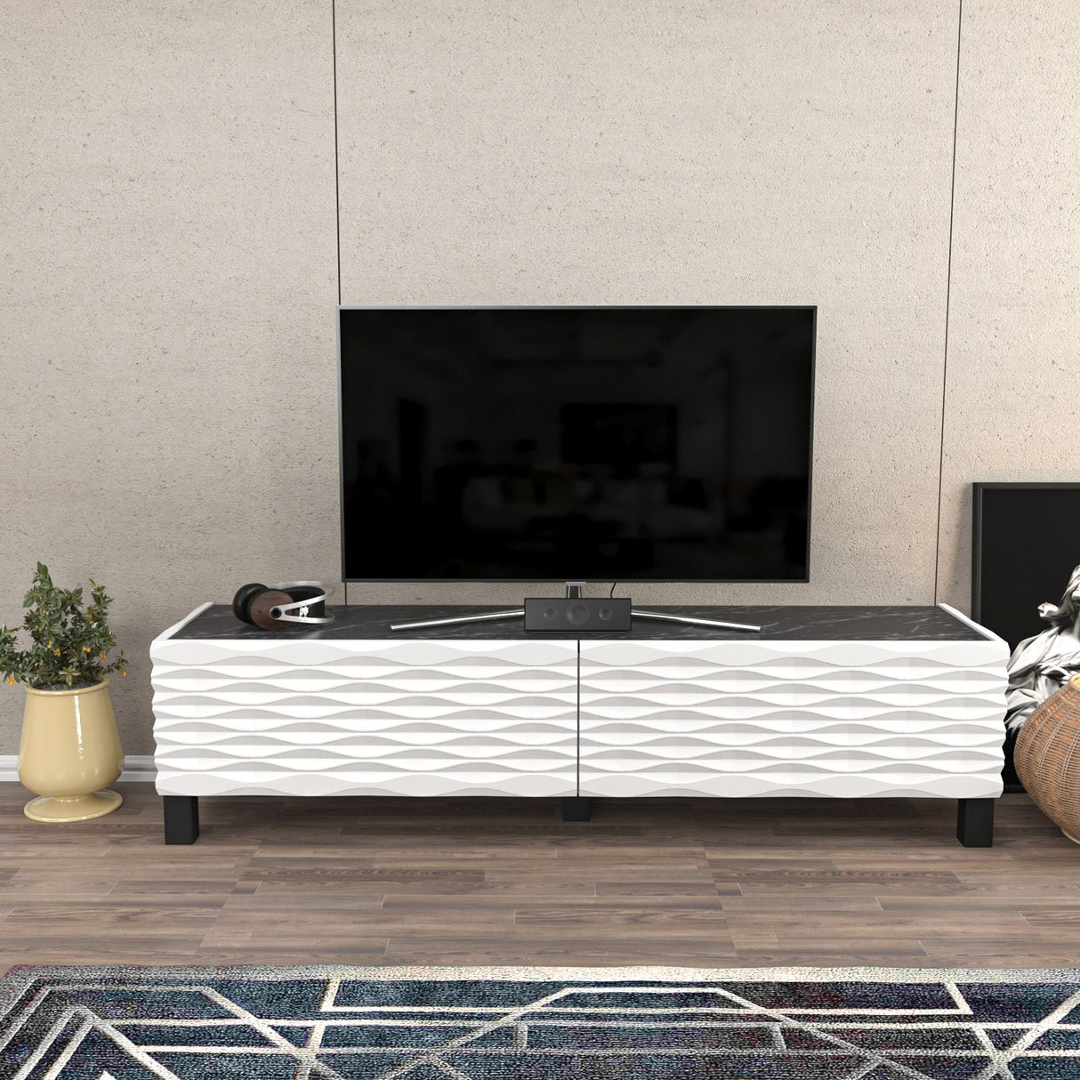 Comodă TV Lerze, Diverse culori, 149x35x38 cm - Alb - Negru | SKU: 322RTC2144 | Comodă TV Lerze, 149x35x38 cm, varianta Alb - Negru, produs pentru amenajarea locuinței, disponibil online în România la CasaMob