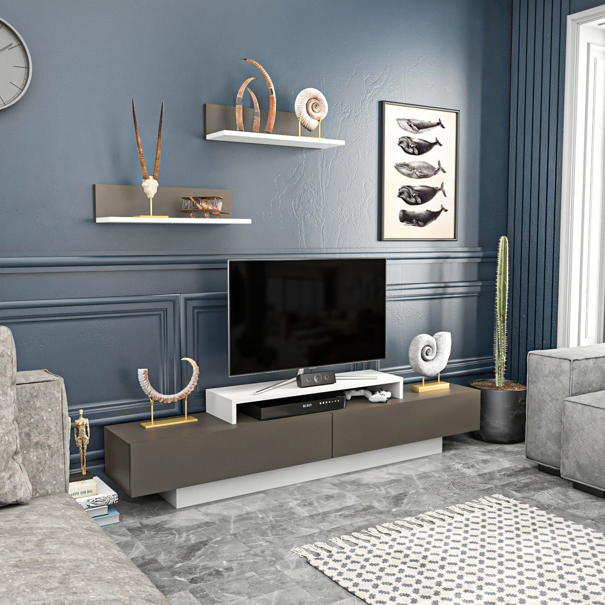 Comodă TV Lusi, Diverse culori, 180x31x40 cm - Alb - Maro | SKU: 322RTC2153 | Comodă TV Lusi, 180x31x40 cm, varianta Alb - Maro, produs pentru amenajarea locuinței, disponibil online în România la CasaMob