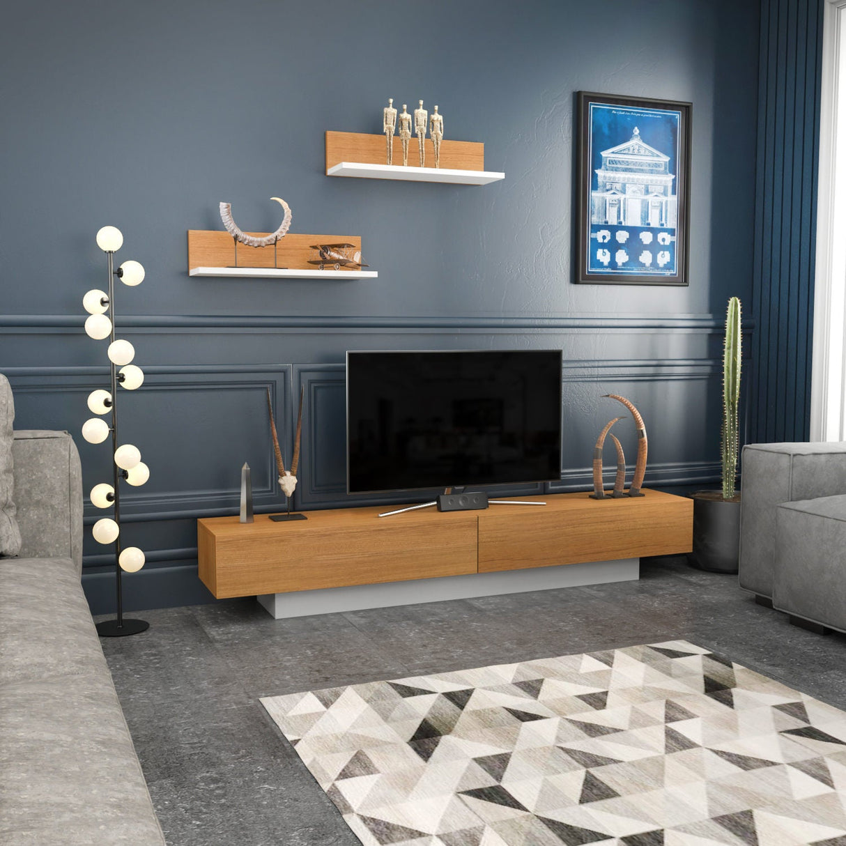Comodă TV Lusi, Diverse culori, 180x31x40 cm - Alb - Teak | SKU: 322RTC2155 | Comodă TV Lusi, 180x31x40 cm, varianta Alb - Teak, produs pentru amenajarea locuinței, disponibil online în România la CasaMob