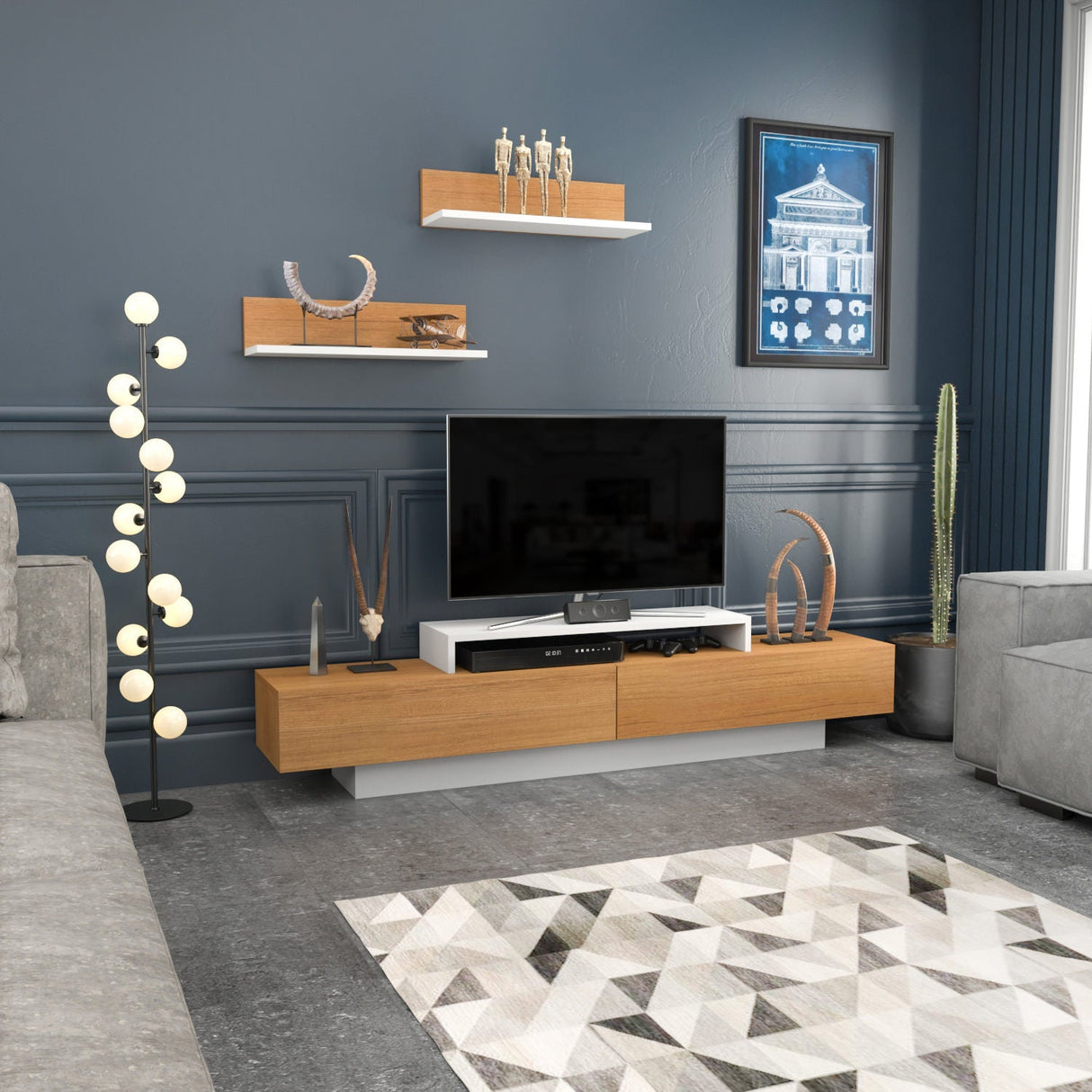 Comodă TV Lusi, Diverse culori, 180x31x40 cm - Alb - Teak | SKU: 322RTC2155 | Comodă TV Lusi, 180x31x40 cm, varianta Alb - Teak, produs pentru amenajarea locuinței, disponibil online în România la CasaMob