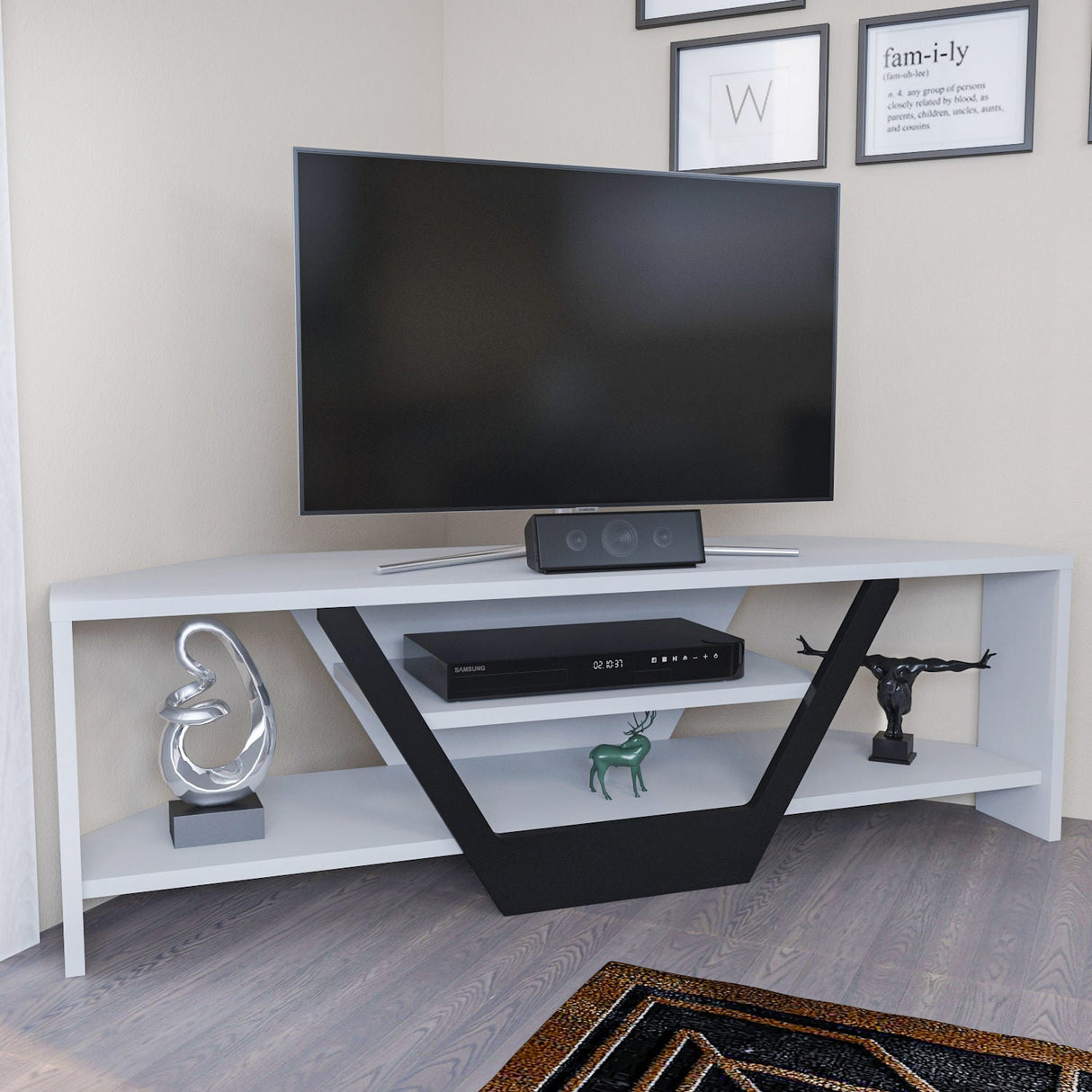 Comodă TV Sares, Diverse culori, 120x35x37 cm - Alb - Negru | SKU: 322RTC2181 | Comodă TV Sares, 120x35x37 cm, varianta Alb - Negru, produs pentru amenajarea locuinței, disponibil online în România la CasaMob