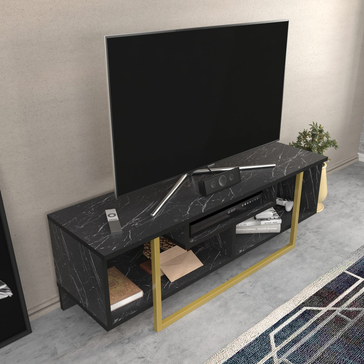 Comodă TV Asal 120, Diverse culori, 120x35x40 cm - Negru - Auriu | SKU: 322RTC2190 | Comodă TV Asal 120, 120x35x40 cm, varianta Negru - Auriu, produs pentru amenajarea locuinței, disponibil online în România la CasaMob