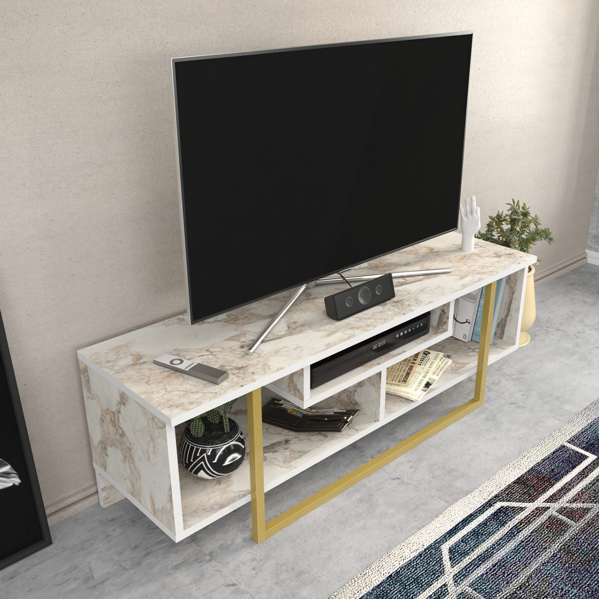 Comodă TV Asal 120 - Ephesus, Diverse culori, 120x35x40 cm - Alb - Auriu | SKU: 322RTC2192 | Comodă TV Asal 120 - Ephesus, 120x35x40 cm, varianta Alb - Auriu, produs pentru amenajarea locuinței, disponibil online în România la CasaMob