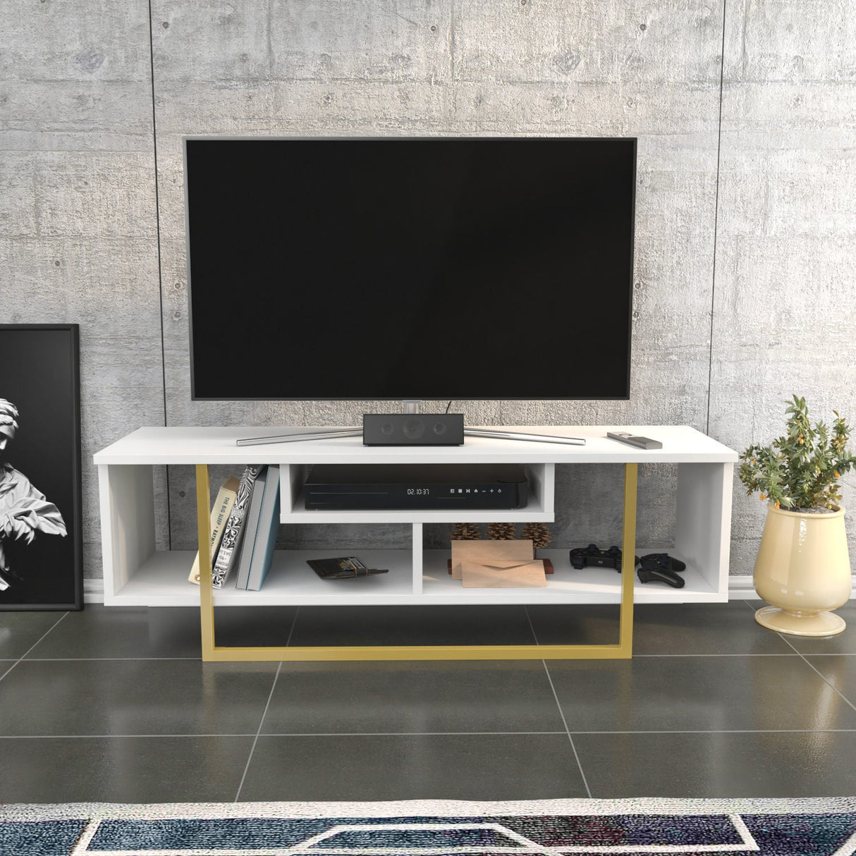 Comodă TV Asal 120, Diverse culori, 120x35x40 cm - Auriu - Alb | SKU: 322RTC2195 | Comodă TV Asal 120, 120x35x40 cm, varianta Auriu - Alb, produs pentru amenajarea locuinței, disponibil online în România la CasaMob