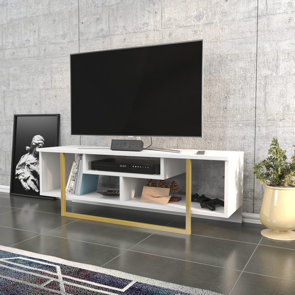 Comodă TV Asal 120, Diverse culori, 120x35x40 cm - Auriu - Alb | SKU: 322RTC2195 | Comodă TV Asal 120, 120x35x40 cm, varianta Auriu - Alb, produs pentru amenajarea locuinței, disponibil online în România la CasaMob