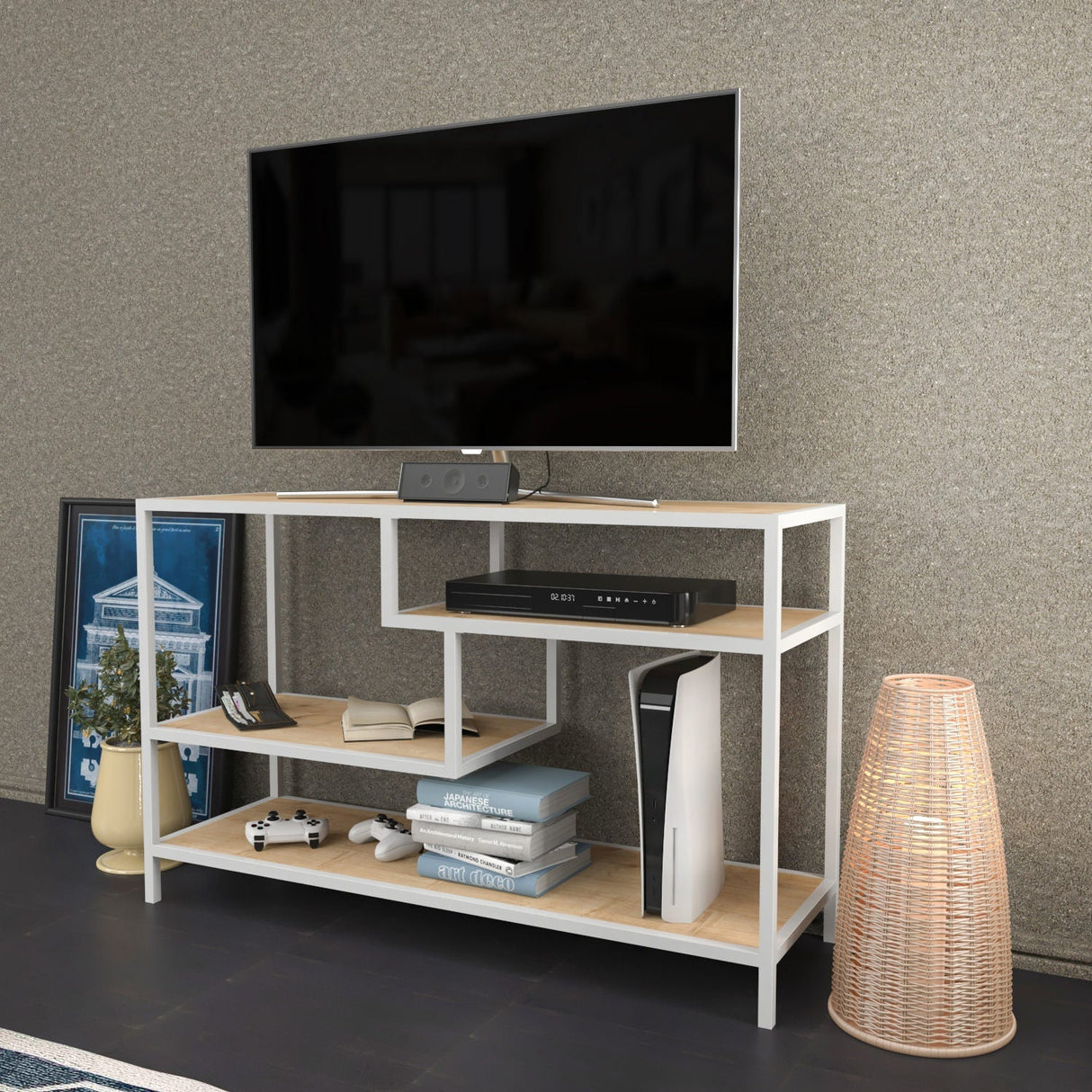 Comodă TV Robbins, Diverse culori, Diverse dimensiuni - Alb - Stejar - 120x39x75 cm | SKU: 322RTC2207 | Comodă TV Robbins, varianta Alb - Stejar - 120x39x75 cm, produs pentru amenajarea locuinței, disponibil online în România la CasaMob