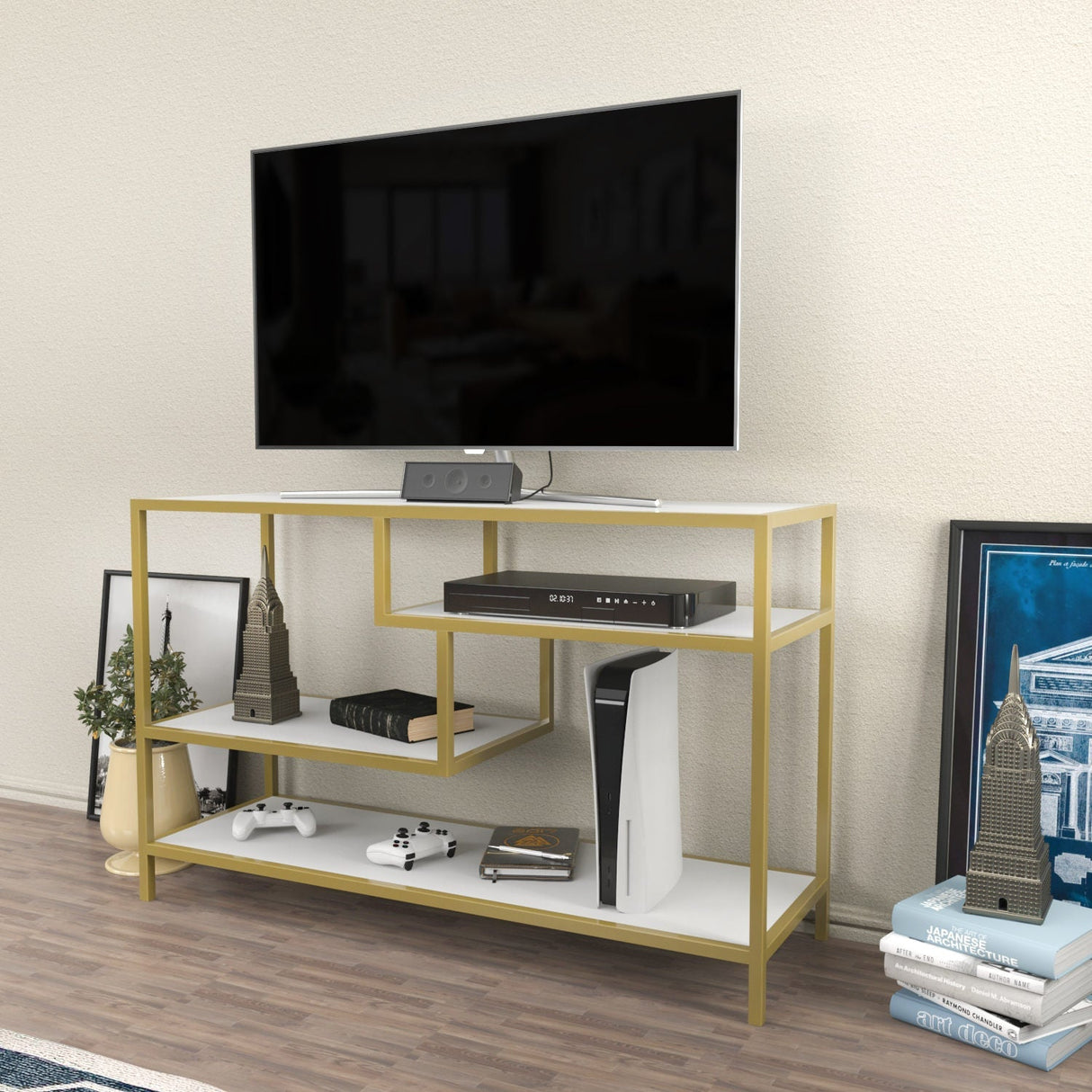 Comodă TV Robbins, Diverse culori, Diverse dimensiuni - Auriu - Alb - 120x39x75 cm | SKU: 322RTC2210 | Comodă TV Robbins, varianta Auriu - Alb - 120x39x75 cm, produs pentru amenajarea locuinței, disponibil online în România la CasaMob