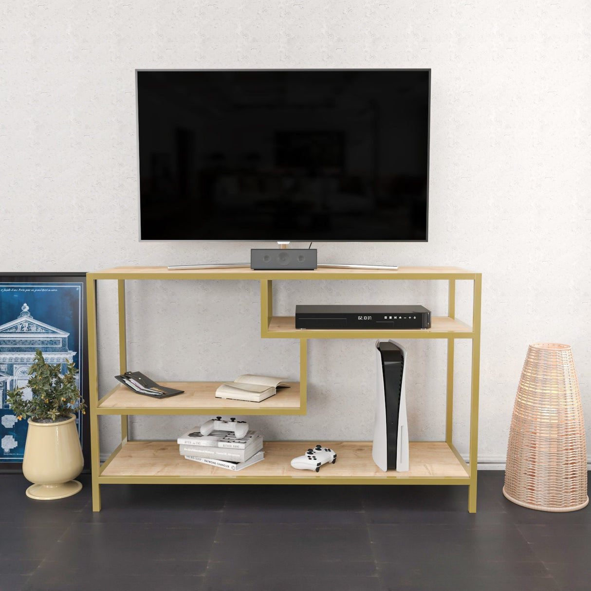 Comodă TV Robbins, Diverse culori, Diverse dimensiuni - Auriu - Stejar - 120x39x75 cm | SKU: 322RTC2211 | Comodă TV Robbins, varianta Auriu - Stejar - 120x39x75 cm, produs pentru amenajarea locuinței, disponibil online în România la CasaMob