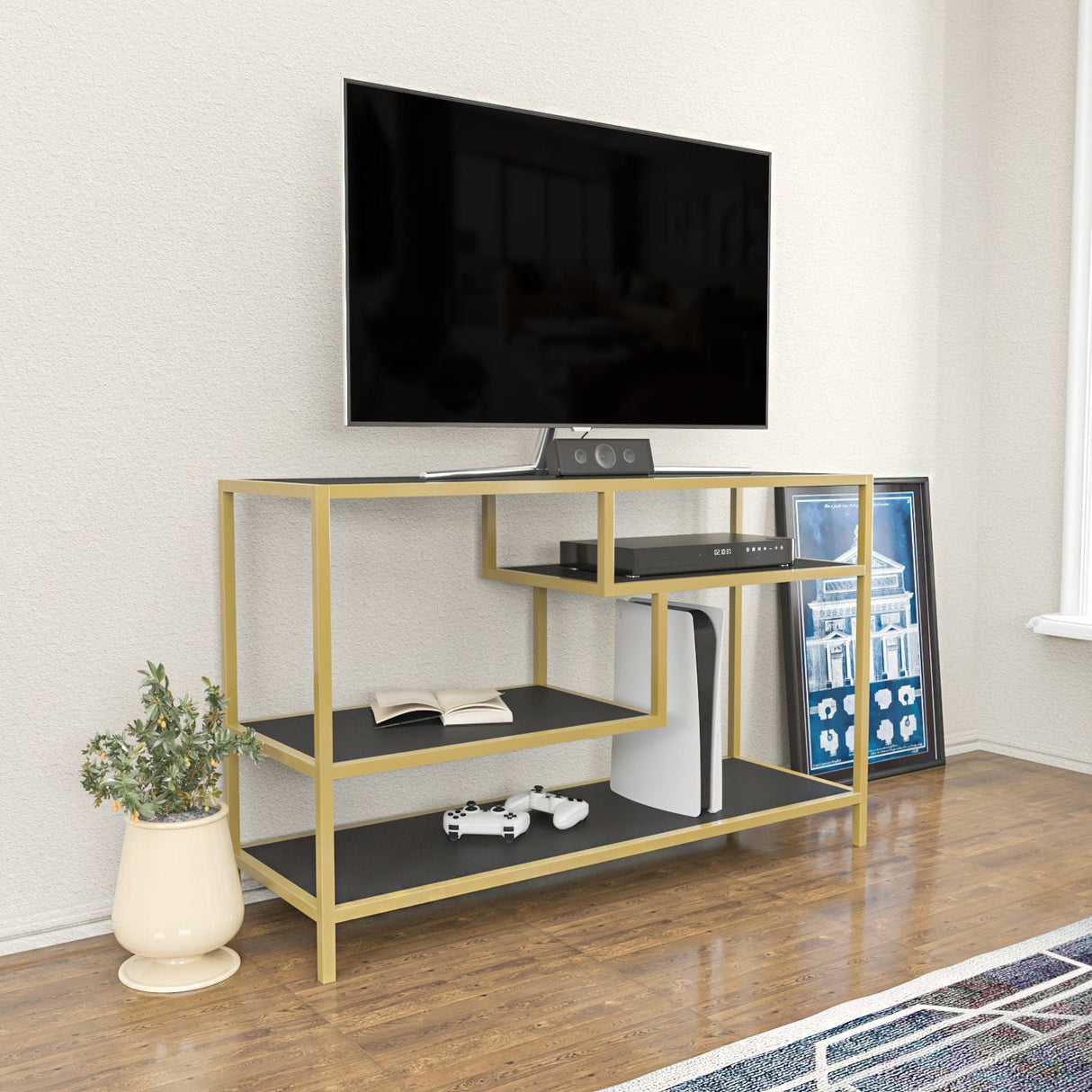 Comodă TV Robbins, Diverse culori, Diverse dimensiuni - Auriu - Antracit - 120x39x75 cm | SKU: 322RTC2212 | Comodă TV Robbins, varianta Auriu - Antracit - 120x39x75 cm, produs pentru amenajarea locuinței, disponibil online în România la CasaMob