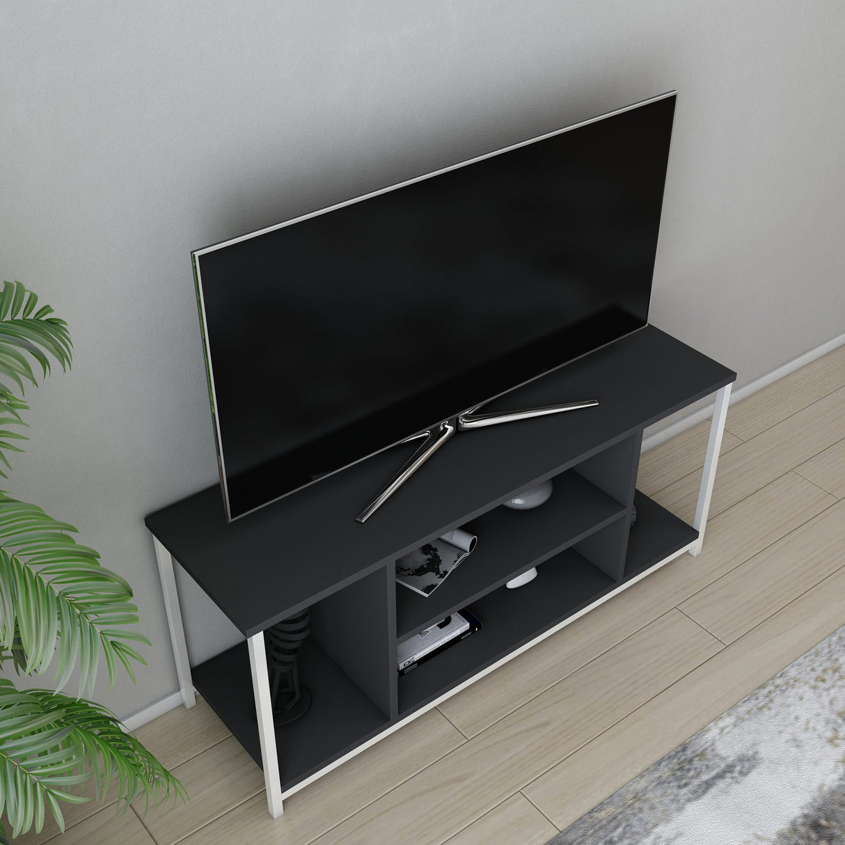Comodă TV Rinaldo, Diverse culori, 120x35x51 cm - Alb - Antracit | SKU: 322RTC2220 | Comodă TV Rinaldo, 120x35x51 cm, varianta Alb - Antracit, produs pentru amenajarea locuinței, disponibil online în România la CasaMob