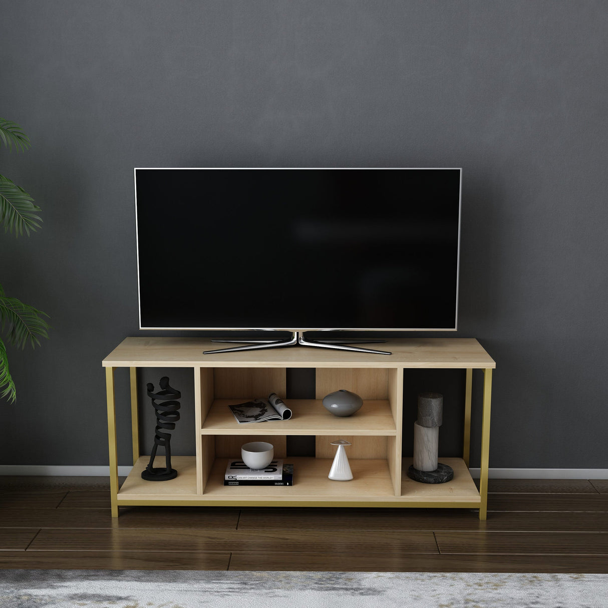 Comodă TV Rinaldo, Diverse culori, 120x35x51 cm - Auriu - Stejar | SKU: 322RTC2223 | Comodă TV Rinaldo, 120x35x51 cm, varianta Auriu - Stejar, produs pentru amenajarea locuinței, disponibil online în România la CasaMob