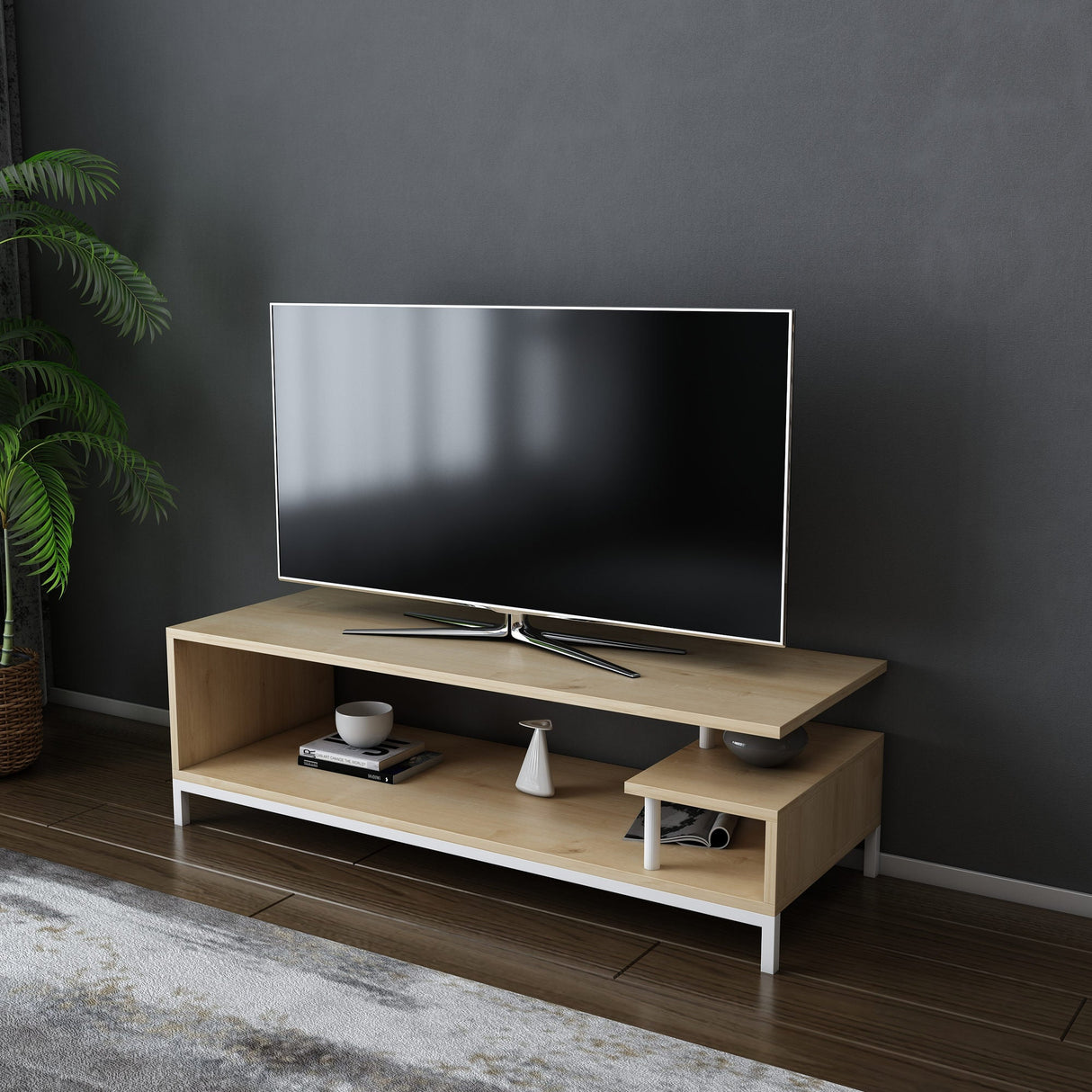 Comodă TV Reilly, Diverse culori, 120x45x38 cm - Alb - Stejar | SKU: 322RTC2231 | Comodă TV Reilly, 120x45x38 cm, varianta Alb - Stejar, produs pentru amenajarea locuinței, disponibil online în România la CasaMob