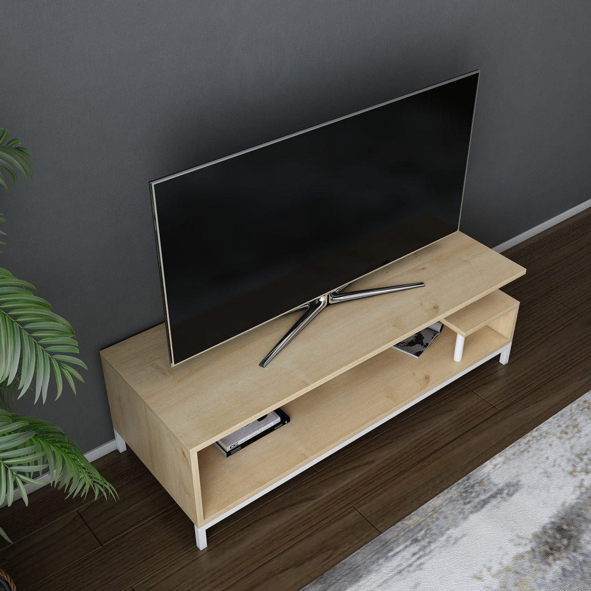 Comodă TV Reilly, Diverse culori, 120x45x38 cm - Alb - Stejar | SKU: 322RTC2231 | Comodă TV Reilly, 120x45x38 cm, varianta Alb - Stejar, produs pentru amenajarea locuinței, disponibil online în România la CasaMob