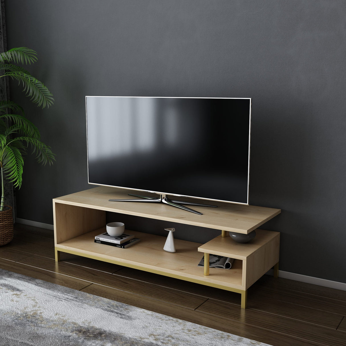 Comodă TV Reilly, Diverse culori, 120x45x38 cm - Auriu - Stejar | SKU: 322RTC2235 | Comodă TV Reilly, 120x45x38 cm, varianta Auriu - Stejar, produs pentru amenajarea locuinței, disponibil online în România la CasaMob