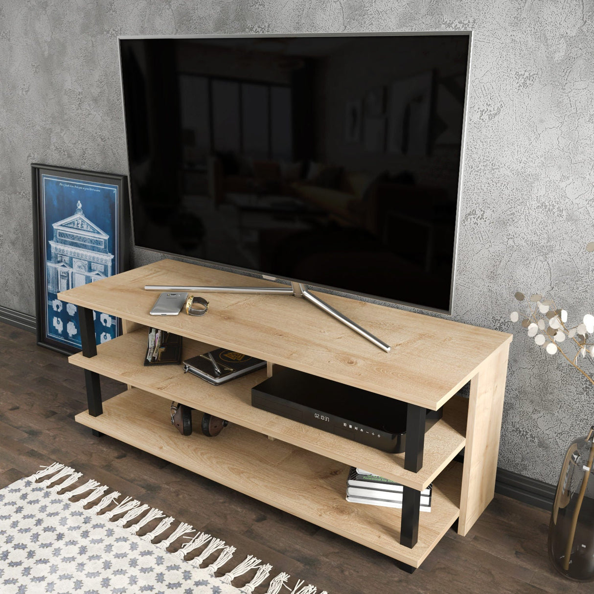 Comodă TV Pueblo, Diverse culori, 120x45x47 cm - Negru - Stejar | SKU: 322RTC2239 | Comodă TV Pueblo, 120x45x47 cm, varianta Negru - Stejar, produs pentru amenajarea locuinței, disponibil online în România la CasaMob