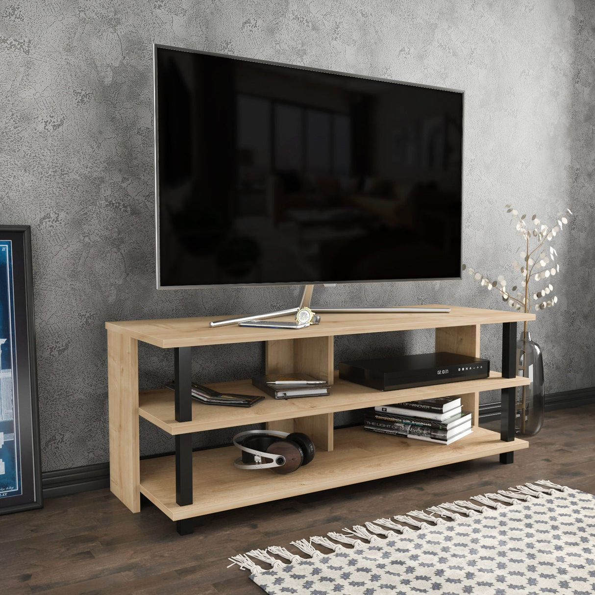Comodă TV Pueblo, Diverse culori, 120x45x47 cm - Negru - Stejar | SKU: 322RTC2239 | Comodă TV Pueblo, 120x45x47 cm, varianta Negru - Stejar, produs pentru amenajarea locuinței, disponibil online în România la CasaMob