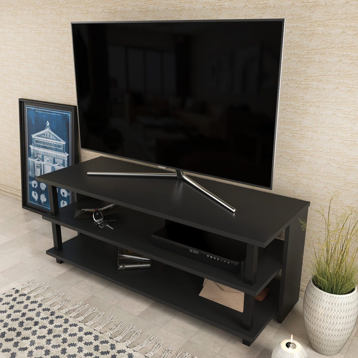 Comodă TV Pueblo, Diverse culori, 120x45x47 cm - Negru - Antracit | SKU: 322RTC2240 | Comodă TV Pueblo, 120x45x47 cm, varianta Negru - Antracit, produs pentru amenajarea locuinței, disponibil online în România la CasaMob