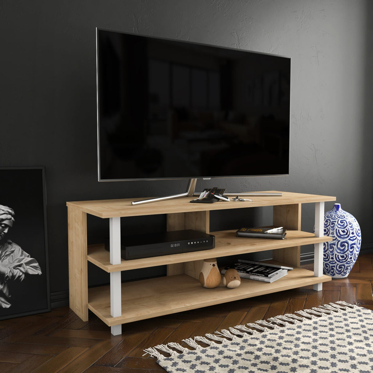 Comodă TV Pueblo, Diverse culori, 120x45x47 cm - Alb - Stejar | SKU: 322RTC2243 | Comodă TV Pueblo, 120x45x47 cm, varianta Alb - Stejar, produs pentru amenajarea locuinței, disponibil online în România la CasaMob
