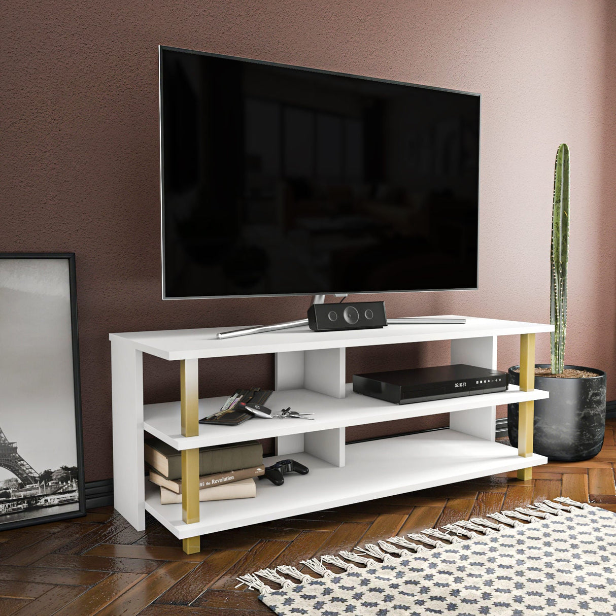 Comodă TV Pueblo, Diverse culori, 120x45x47 cm - Auriu - Alb | SKU: 322RTC2246 | Comodă TV Pueblo, 120x45x47 cm, varianta Auriu - Alb, produs pentru amenajarea locuinței, disponibil online în România la CasaMob