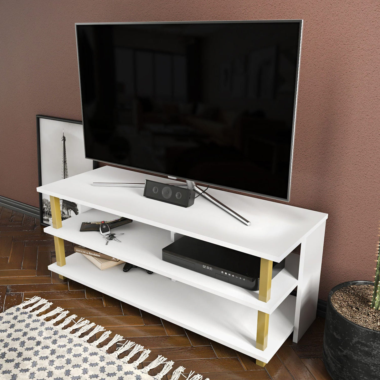 Comodă TV Pueblo, Diverse culori, 120x45x47 cm - Auriu - Alb | SKU: 322RTC2246 | Comodă TV Pueblo, 120x45x47 cm, varianta Auriu - Alb, produs pentru amenajarea locuinței, disponibil online în România la CasaMob