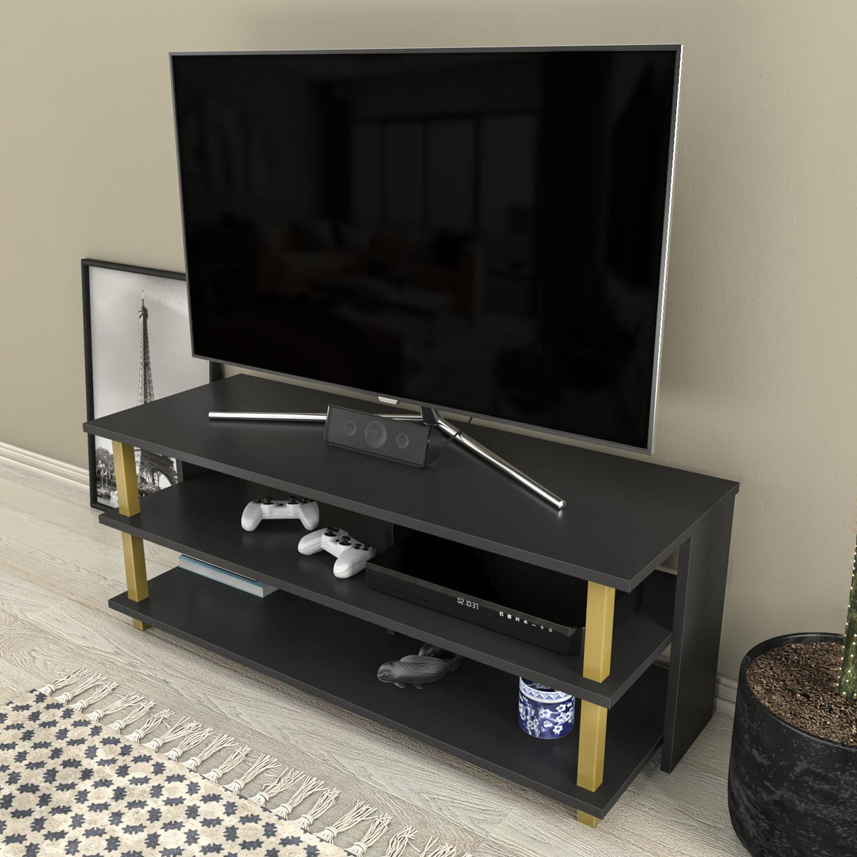 Comodă TV Pueblo, Diverse culori, 120x45x47 cm - Auriu - Antracit | SKU: 322RTC2248 | Comodă TV Pueblo, 120x45x47 cm, varianta Auriu - Antracit, produs pentru amenajarea locuinței, disponibil online în România la CasaMob