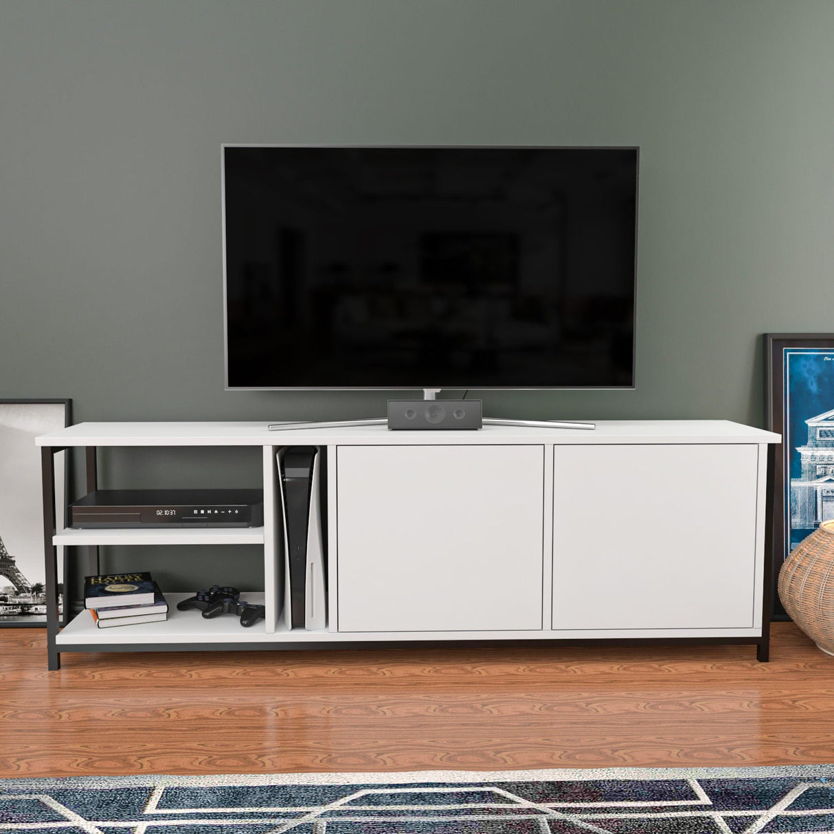 Comodă TV Primrose, Diverse culori, 160x35x51 cm - Negru - Alb | SKU: 322RTC2250 | Comodă TV Primrose, 160x35x51 cm, varianta Negru - Alb, produs pentru amenajarea locuinței, disponibil online în România la CasaMob