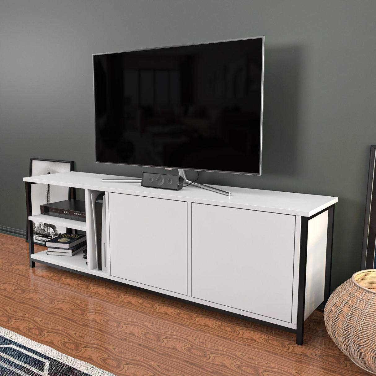 Comodă TV Primrose, Diverse culori, 160x35x51 cm - Negru - Alb | SKU: 322RTC2250 | Comodă TV Primrose, 160x35x51 cm, varianta Negru - Alb, produs pentru amenajarea locuinței, disponibil online în România la CasaMob
