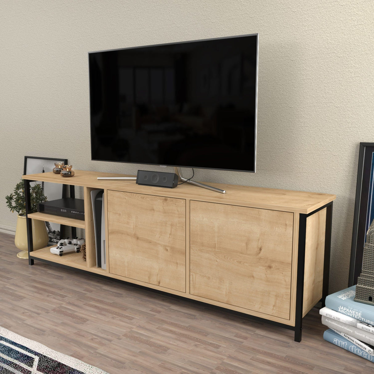 Comodă TV Primrose, Diverse culori, 160x35x51 cm - Negru - Stejar | SKU: 322RTC2251 | Comodă TV Primrose, 160x35x51 cm, varianta Negru - Stejar, produs pentru amenajarea locuinței, disponibil online în România la CasaMob