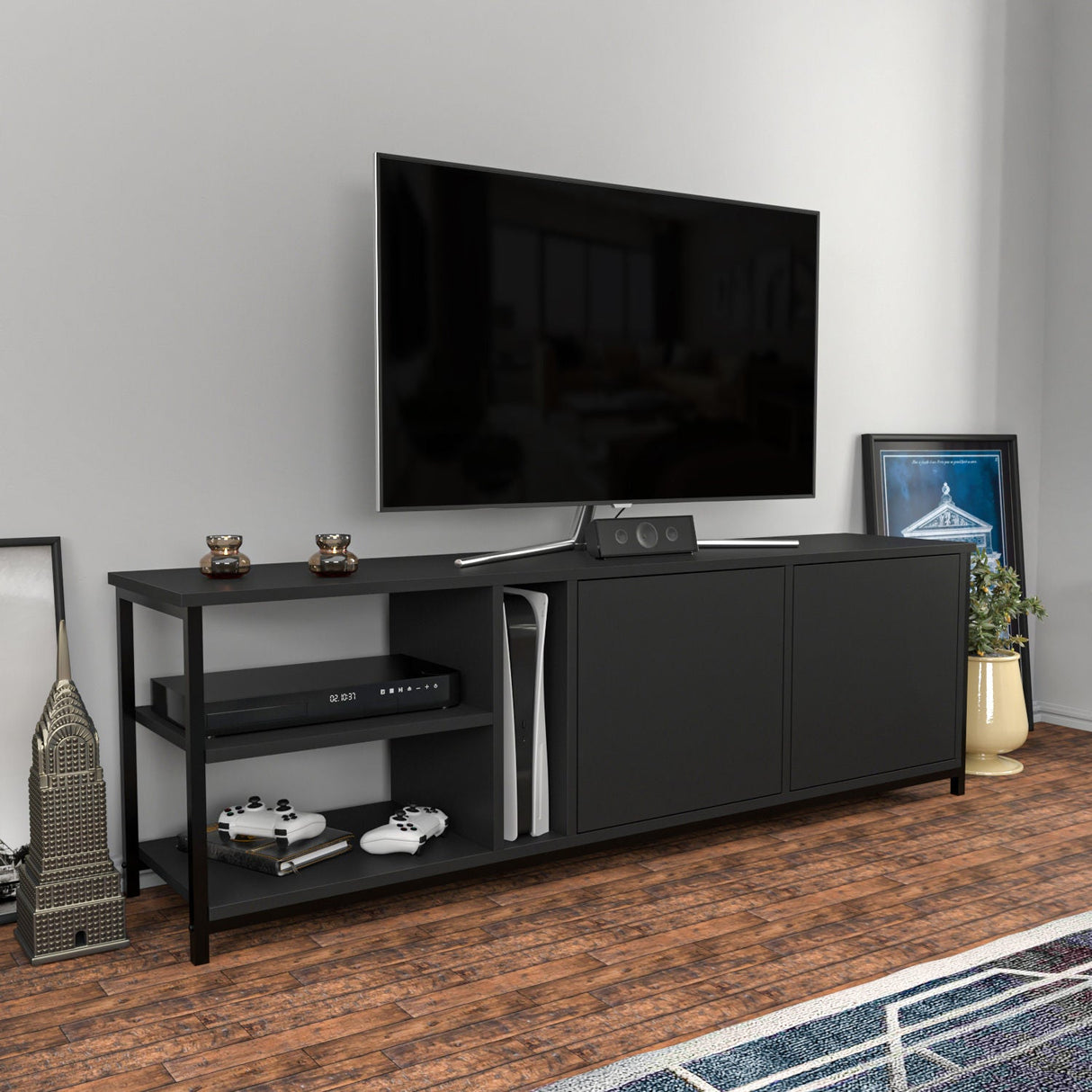 Comodă TV Primrose, Diverse culori, 160x35x51 cm - Negru - Antracit | SKU: 322RTC2252 | Comodă TV Primrose, 160x35x51 cm, varianta Negru - Antracit, produs pentru amenajarea locuinței, disponibil online în România la CasaMob
