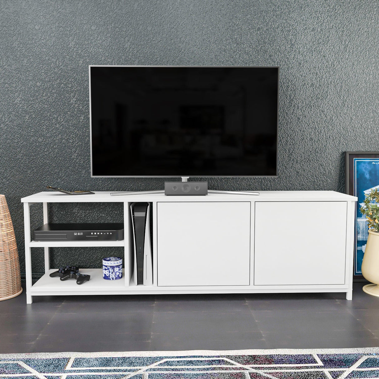 Comodă TV Primrose, Diverse culori, 160x35x51 cm - Alb | SKU: 322RTC2254 | Comodă TV Primrose, 160x35x51 cm, varianta Alb, produs pentru amenajarea locuinței, disponibil online în România la CasaMob