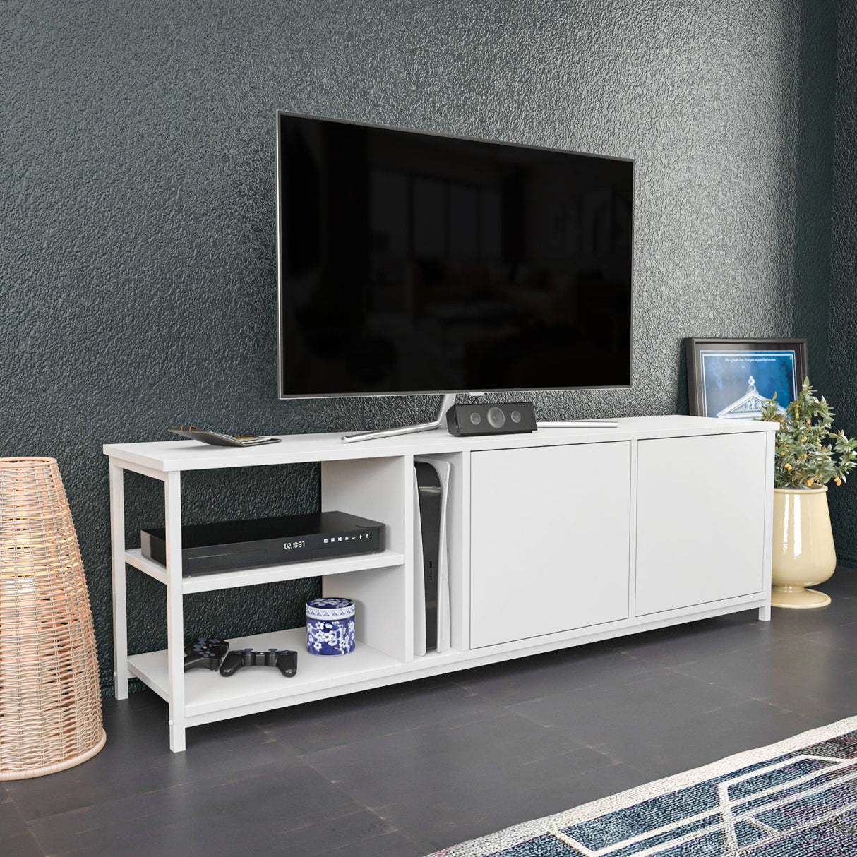 Comodă TV Primrose, Diverse culori, 160x35x51 cm - Alb | SKU: 322RTC2254 | Comodă TV Primrose, 160x35x51 cm, varianta Alb, produs pentru amenajarea locuinței, disponibil online în România la CasaMob