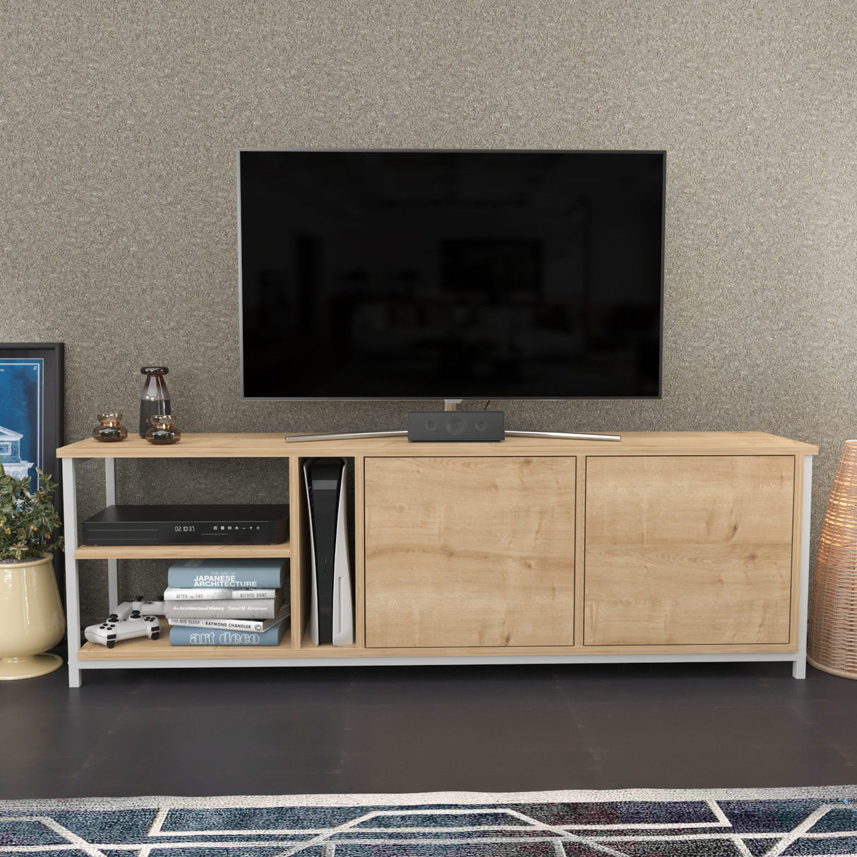 Comodă TV Primrose, Diverse culori, 160x35x51 cm - Alb - Stejar | SKU: 322RTC2255 | Comodă TV Primrose, 160x35x51 cm, varianta Alb - Stejar, produs pentru amenajarea locuinței, disponibil online în România la CasaMob