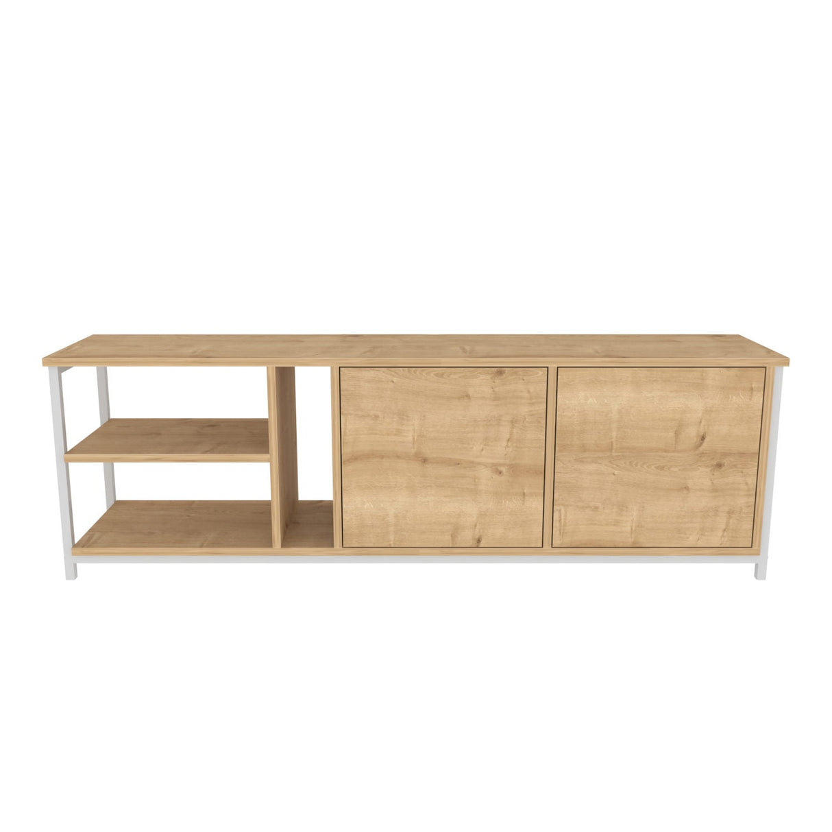 Comodă TV Primrose, Diverse culori, 160x35x51 cm - Alb - Stejar | SKU: 322RTC2255 | Comodă TV Primrose, 160x35x51 cm, varianta Alb - Stejar, produs pentru amenajarea locuinței, disponibil online în România la CasaMob