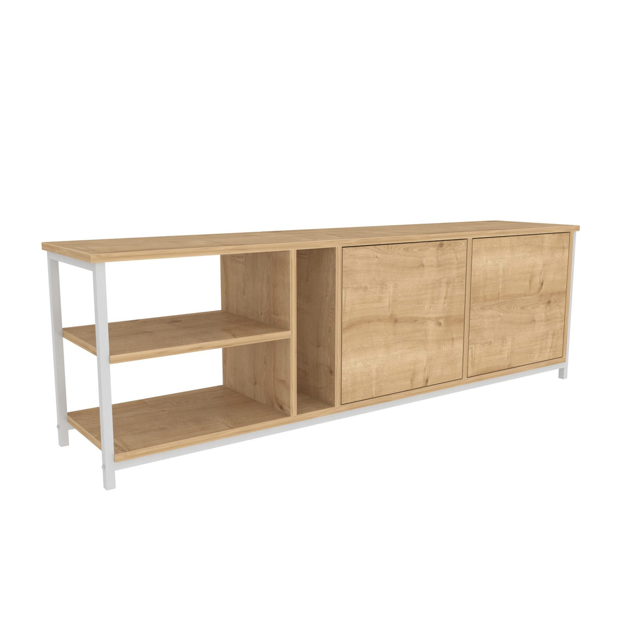 Comodă TV Primrose, Diverse culori, 160x35x51 cm - Alb - Stejar | SKU: 322RTC2255 | Comodă TV Primrose, 160x35x51 cm, varianta Alb - Stejar, produs pentru amenajarea locuinței, disponibil online în România la CasaMob