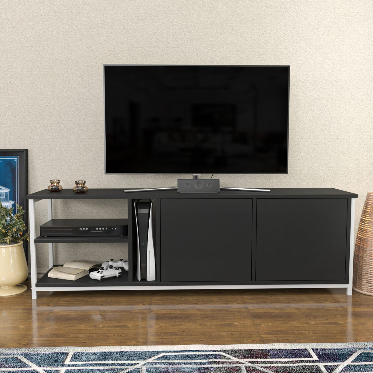 Comodă TV Primrose, Diverse culori, 160x35x51 cm - Alb - Antracit | SKU: 322RTC2256 | Comodă TV Primrose, 160x35x51 cm, varianta Alb - Antracit, produs pentru amenajarea locuinței, disponibil online în România la CasaMob