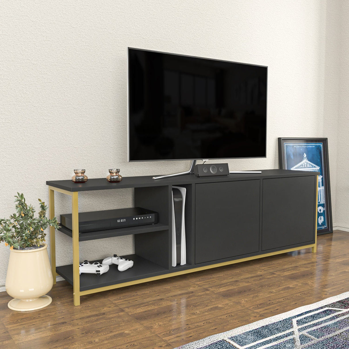 Comodă TV Primrose, Diverse culori, 160x35x51 cm - Antracit - Auriu | SKU: 322RTC2260 | Comodă TV Primrose, 160x35x51 cm, varianta Antracit - Auriu, produs pentru amenajarea locuinței, disponibil online în România la CasaMob