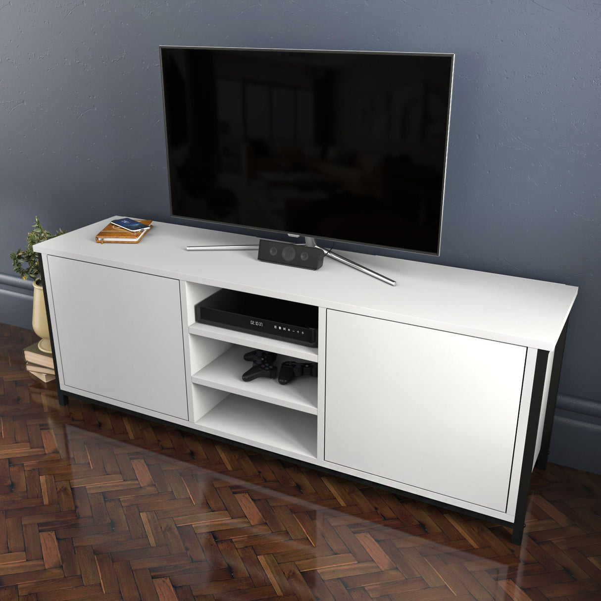 Comodă TV Otis, Diverse culori, 140x35x51 cm - Negru - Alb | SKU: 322RTC2262 | Comodă TV Otis, 140x35x51 cm, varianta Negru - Alb, produs pentru amenajarea locuinței, disponibil online în România la CasaMob