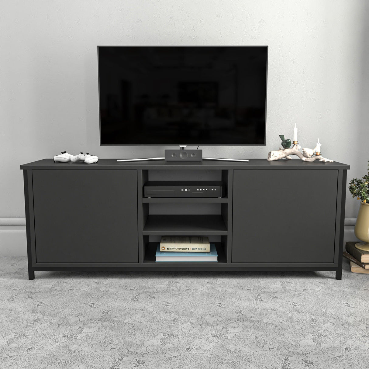 Comodă TV Otis, Diverse culori, 140x35x51 cm - Negru - Antracit | SKU: 322RTC2264 | Comodă TV Otis, 140x35x51 cm, varianta Negru - Antracit, produs pentru amenajarea locuinței, disponibil online în România la CasaMob