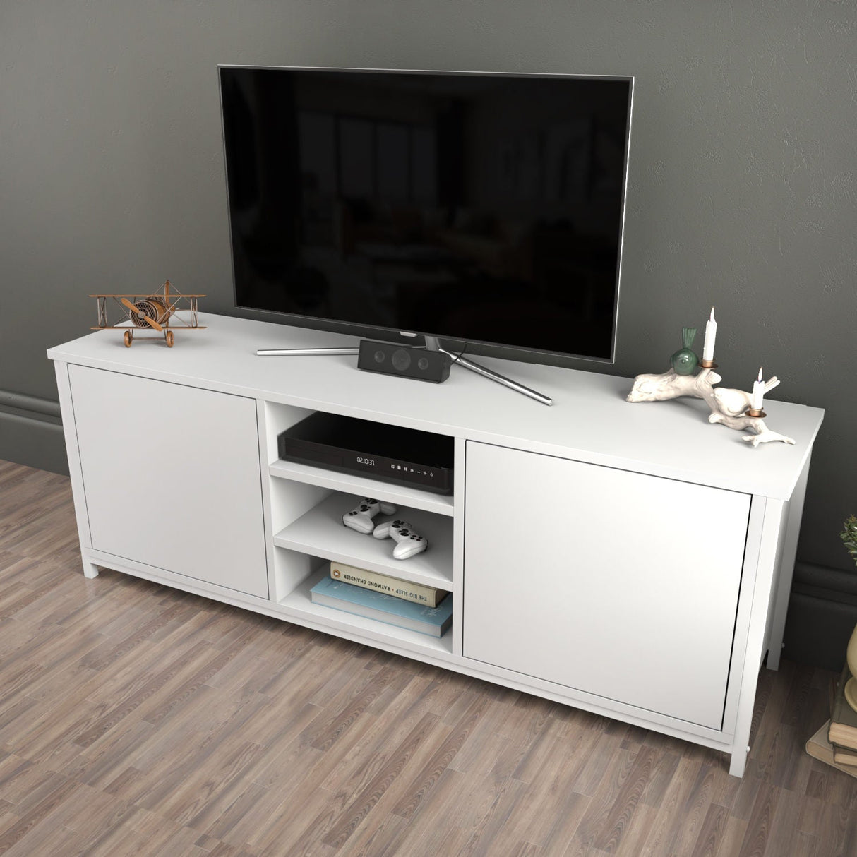 Comodă TV Otis, Diverse culori, 140x35x51 cm - Alb | SKU: 322RTC2266 | Comodă TV Otis, 140x35x51 cm, varianta Alb, produs pentru amenajarea locuinței, disponibil online în România la CasaMob