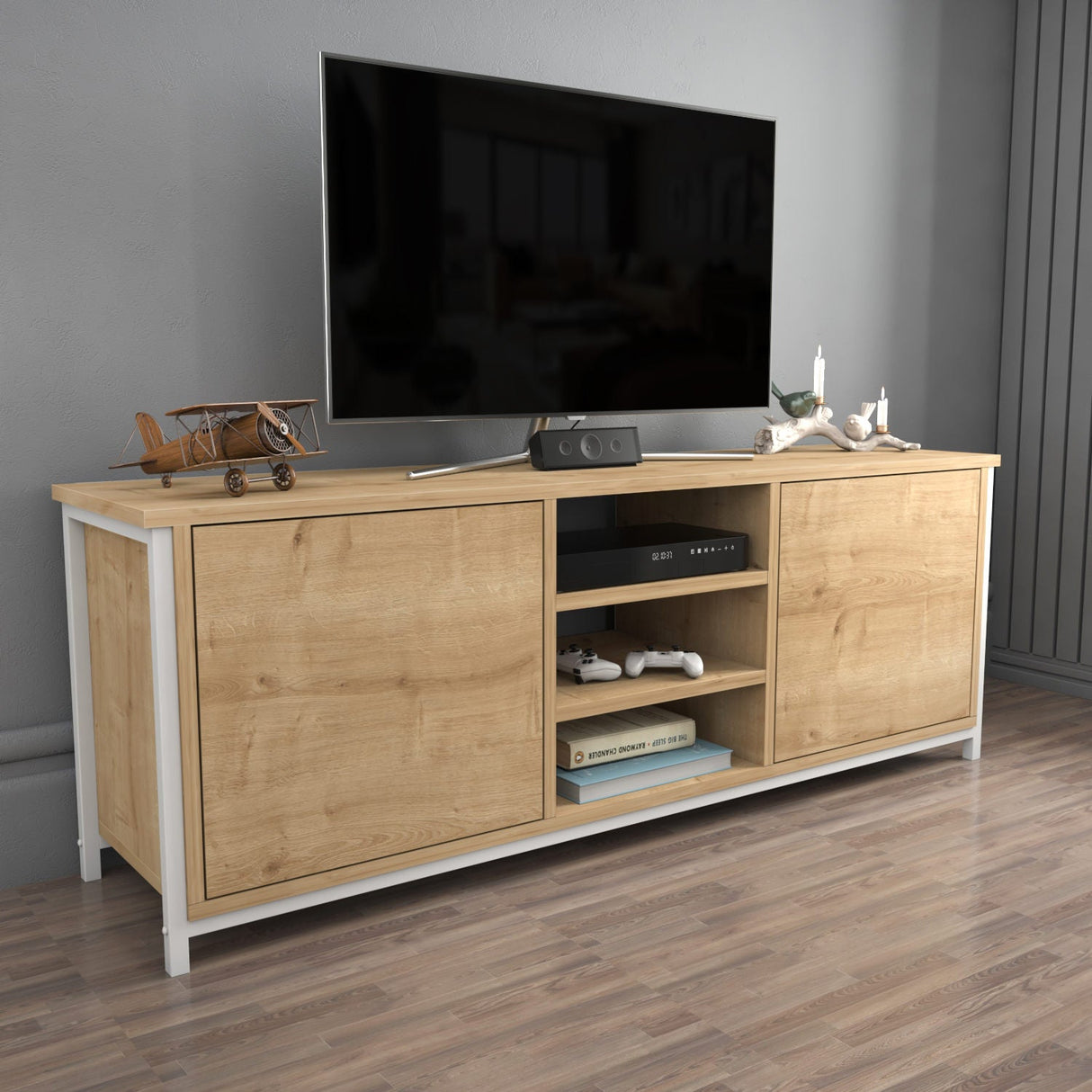 Comodă TV Otis, Diverse culori, 140x35x51 cm - Alb - Stejar | SKU: 322RTC2267 | Comodă TV Otis, 140x35x51 cm, varianta Alb - Stejar, produs pentru amenajarea locuinței, disponibil online în România la CasaMob