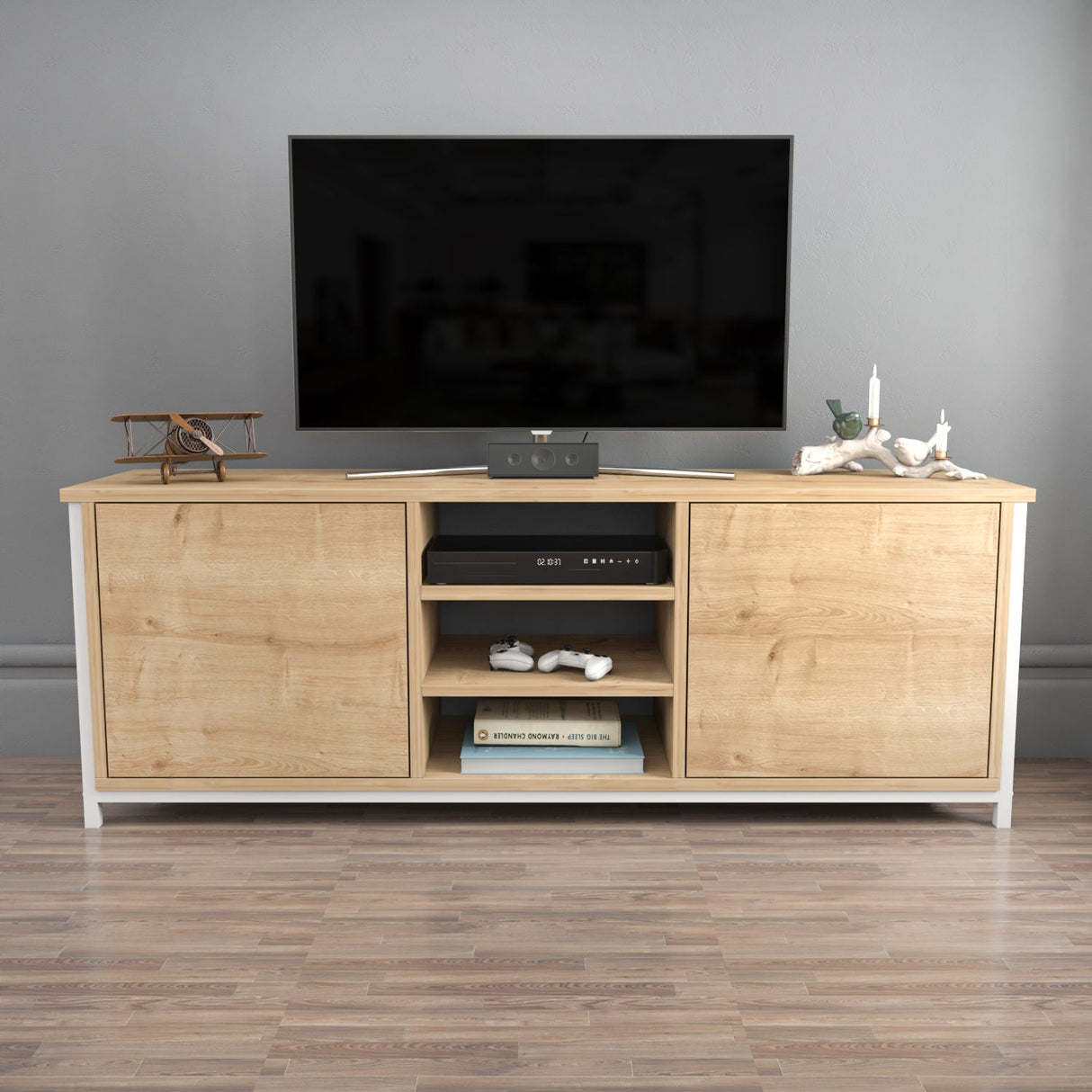 Comodă TV Otis, Diverse culori, 140x35x51 cm - Alb - Stejar | SKU: 322RTC2267 | Comodă TV Otis, 140x35x51 cm, varianta Alb - Stejar, produs pentru amenajarea locuinței, disponibil online în România la CasaMob