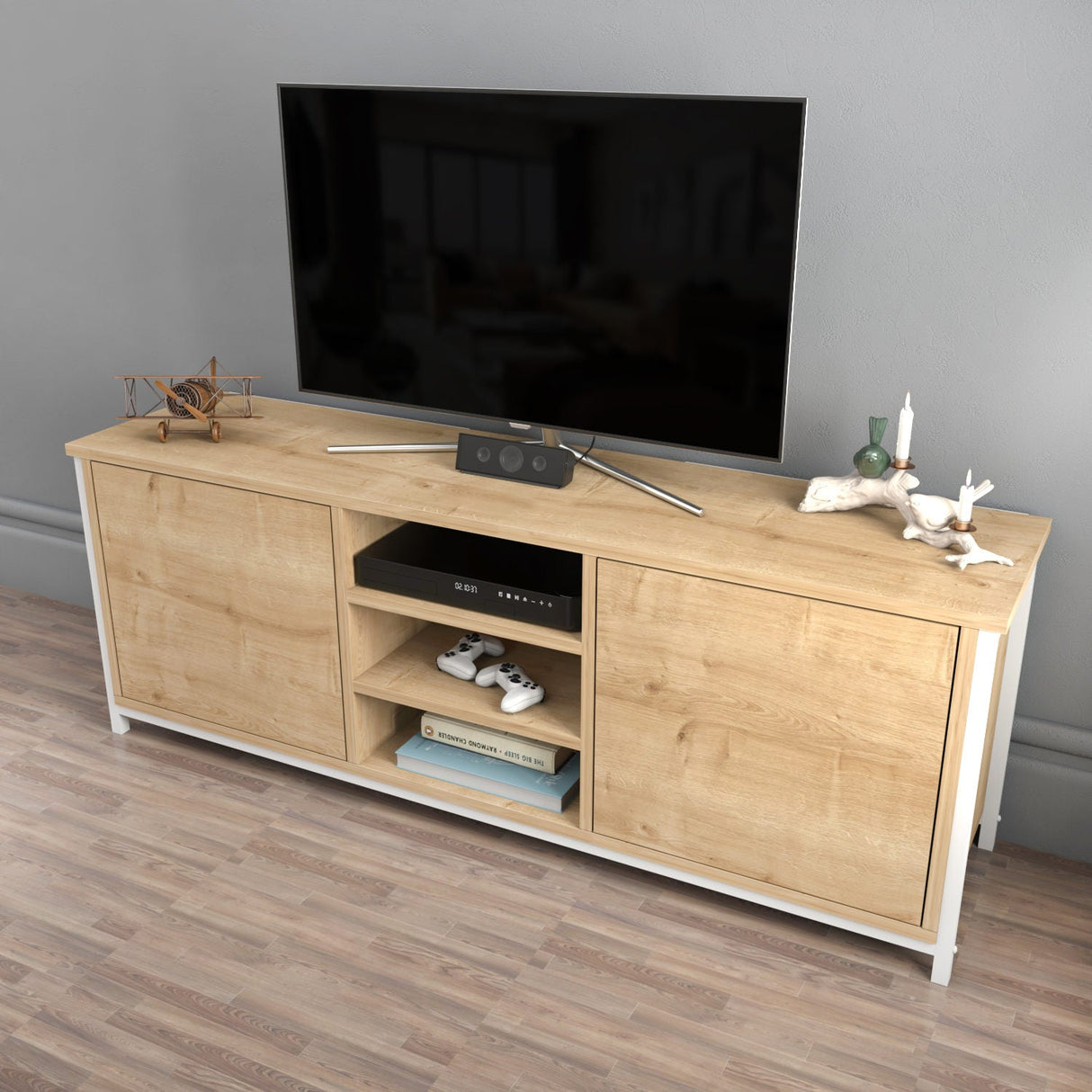 Comodă TV Otis, Diverse culori, 140x35x51 cm - Alb - Stejar | SKU: 322RTC2267 | Comodă TV Otis, 140x35x51 cm, varianta Alb - Stejar, produs pentru amenajarea locuinței, disponibil online în România la CasaMob