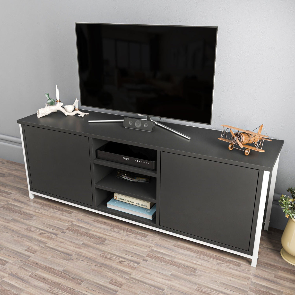 Comodă TV Otis, Diverse culori, 140x35x51 cm - Alb - Antracit | SKU: 322RTC2268 | Comodă TV Otis, 140x35x51 cm, varianta Alb - Antracit, produs pentru amenajarea locuinței, disponibil online în România la CasaMob