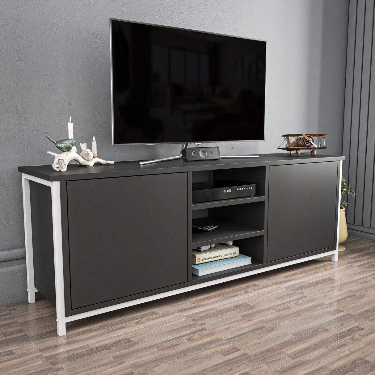 Comodă TV Otis, Diverse culori, 140x35x51 cm - Alb - Antracit | SKU: 322RTC2268 | Comodă TV Otis, 140x35x51 cm, varianta Alb - Antracit, produs pentru amenajarea locuinței, disponibil online în România la CasaMob