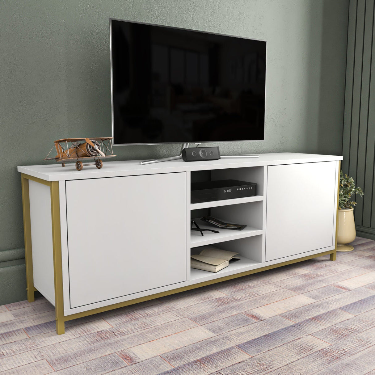 Comodă TV Otis, Diverse culori, 140x35x51 cm - Auriu - Alb | SKU: 322RTC2270 | Comodă TV Otis, 140x35x51 cm, varianta Auriu - Alb, produs pentru amenajarea locuinței, disponibil online în România la CasaMob