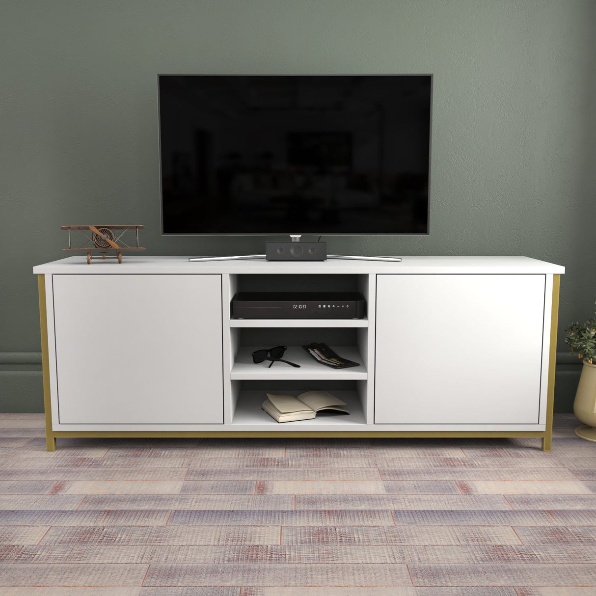 Comodă TV Otis, Diverse culori, 140x35x51 cm - Auriu - Alb | SKU: 322RTC2270 | Comodă TV Otis, 140x35x51 cm, varianta Auriu - Alb, produs pentru amenajarea locuinței, disponibil online în România la CasaMob