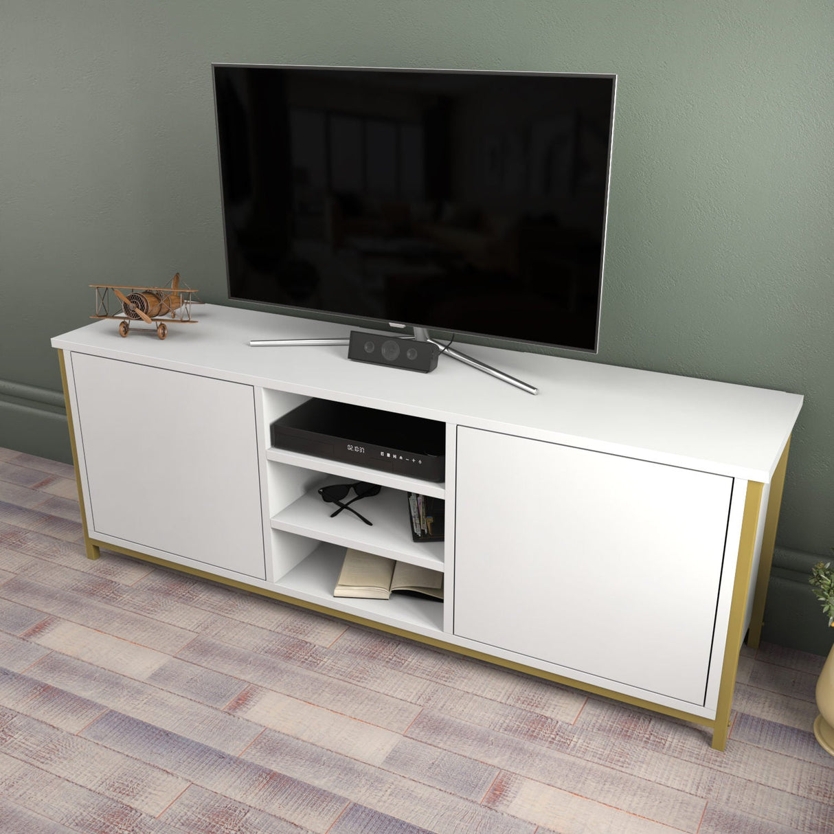 Comodă TV Otis, Diverse culori, 140x35x51 cm - Auriu - Alb | SKU: 322RTC2270 | Comodă TV Otis, 140x35x51 cm, varianta Auriu - Alb, produs pentru amenajarea locuinței, disponibil online în România la CasaMob