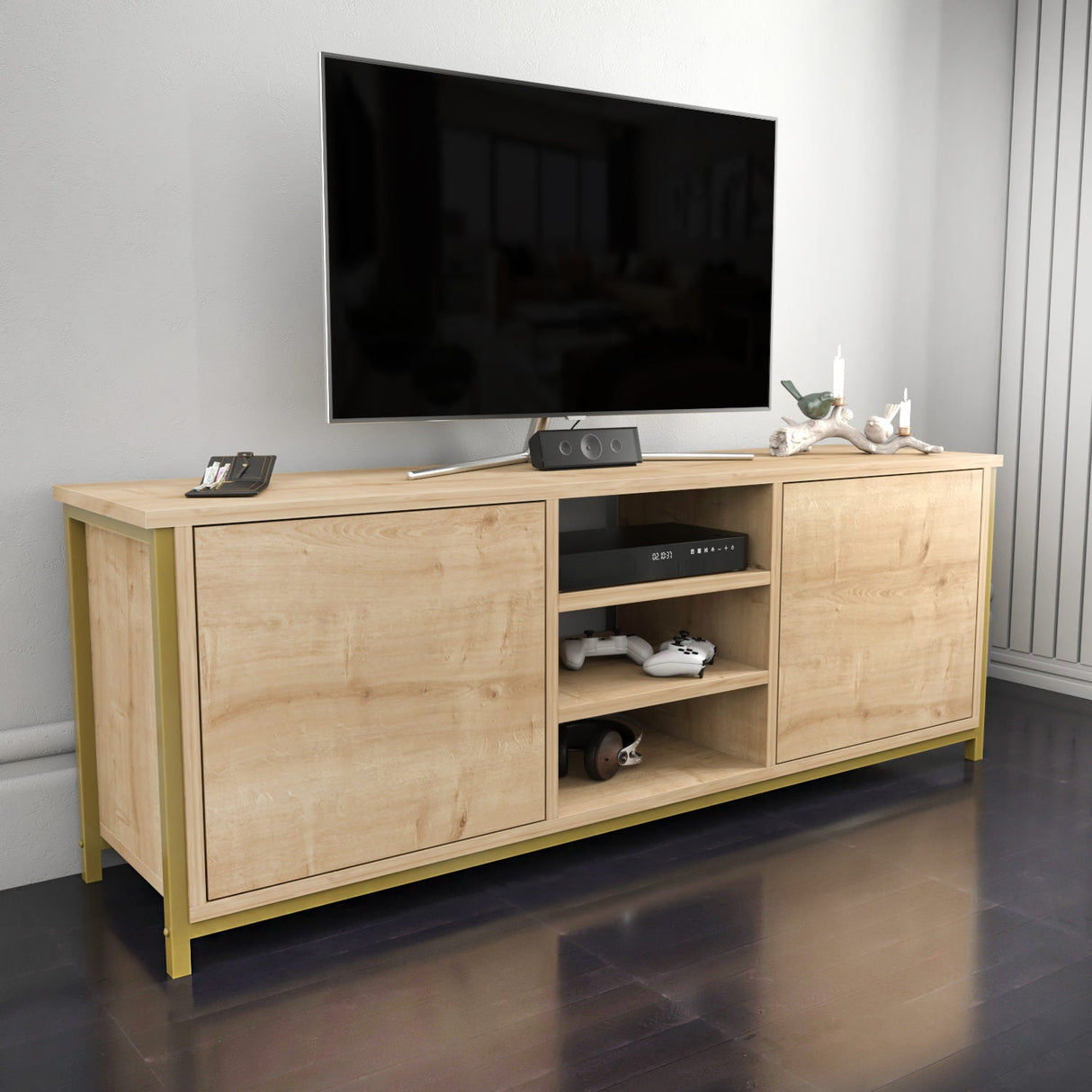 Comodă TV Otis, Diverse culori, 140x35x51 cm - Auriu - Stejar | SKU: 322RTC2271 | Comodă TV Otis, 140x35x51 cm, varianta Auriu - Stejar, produs pentru amenajarea locuinței, disponibil online în România la CasaMob