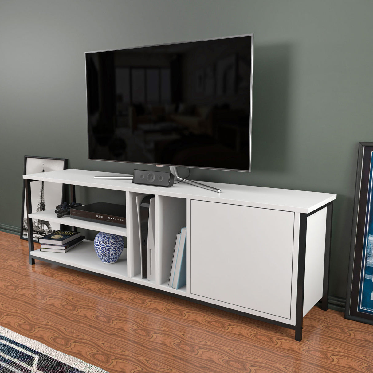Comodă TV Oneida, Diverse culori, 140x35x51 cm - Negru - Alb | SKU: 322RTC2274 | Comodă TV Oneida, 140x35x51 cm, varianta Negru - Alb, produs pentru amenajarea locuinței, disponibil online în România la CasaMob